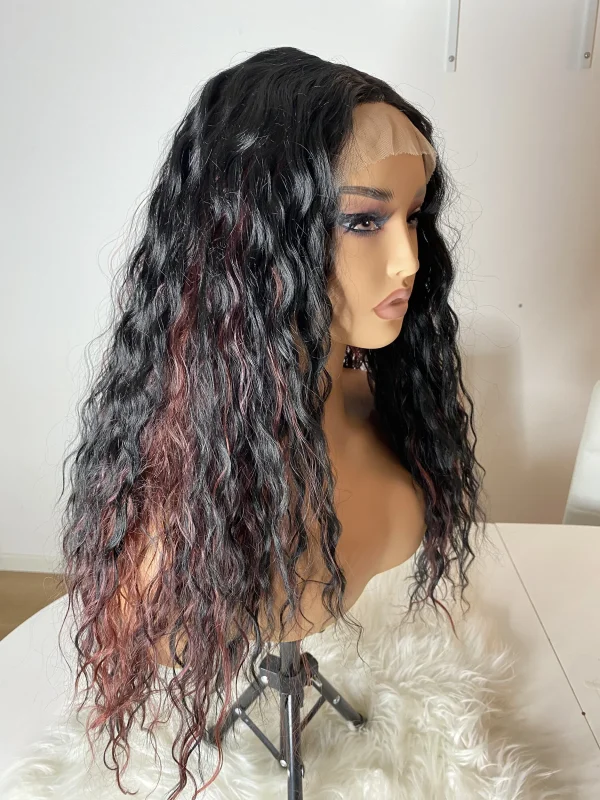 Elegante Lace Front Paryk med Naturlige Krøller og Mørkerøde Striber - Billede 5
