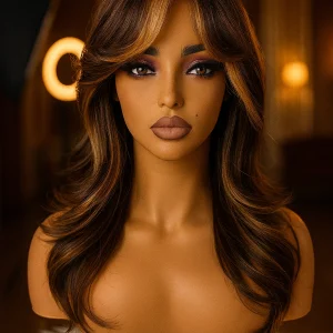 Lang Brun Paryk med karamel Striber